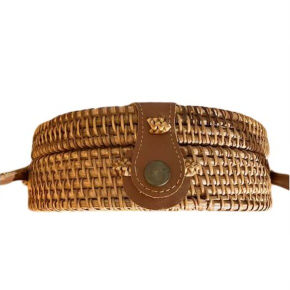 Vintage Boho Round Natural Wicker Crossbody Lined EUC - Picture 6 of 9